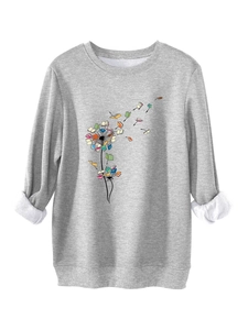 Detailed view of dandelion book graphic on a grey warm fleece sweatshirt with ribbed cuffs