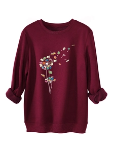 Macro detail of the dandelion book print and thick fleece lining on burgundy sweatshirt