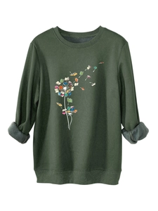 Detail showing the gray fleece lining and dandelion book print on this green sweatshirt