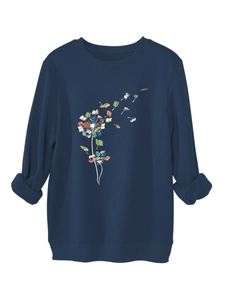Detail of artistic flying books dandelion print on navy blue thick sweatshirt