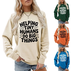 Detail of crewneck sweatshirt featuring HELPING TINY HUMANS print in four colors