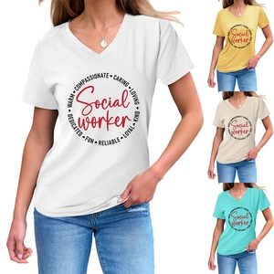 Detail of V-neck short sleeve T-shirt with Social Worker graphic in multiple colors