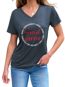 Detail of dark grey V-neck T-shirt with red social worker text and circular print