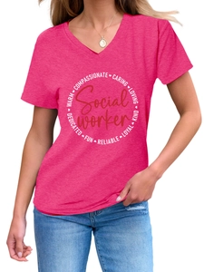 Close-up of pink V-neck T-shirt showing marled knit fabric and Social Worker print