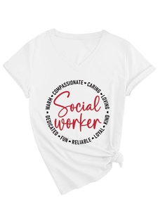 Detail of V-neck white cotton T-shirt featuring compassionate social worker graphic print
