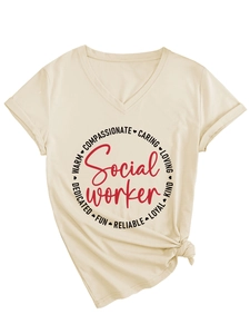 Detail of V-neck apricot T-shirt with red social worker print and decorative front knot