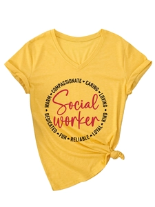 Detail of yellow V-neck T-shirt with Social Worker print and stylish knotted hem