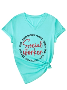 Detailed view of V-neck mint green T-shirt with red Social Worker graphic and knotted hem