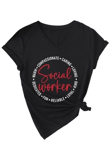 Detail of V-neck black T-shirt featuring red Social Worker print and stylish side knot