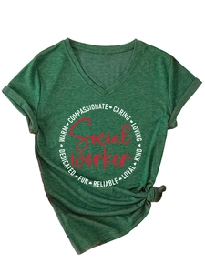 Detail of V-neck dark green T-shirt featuring Social Worker print and stylish knot at hem
