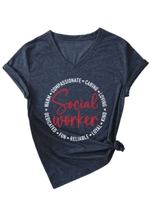 Detail of V-neck dark grey t-shirt with knotted side and Social Worker graphic print