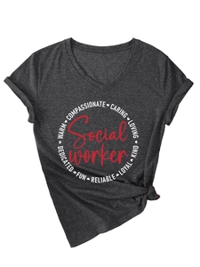 Detail of V-neck grey T-shirt with rolled sleeves, knot hem, and social worker print