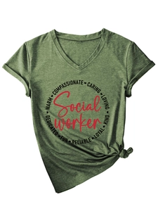 Detail of V-neck dark green T-shirt featuring compassionate social worker graphic print