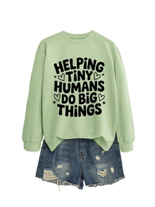 Green long sleeve sweatshirt with Helping Tiny Humans print and ripped denim shorts set