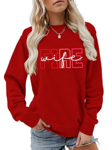Detail of red crewneck sweatshirt featuring white FIRE wife artistic graphic print