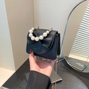 Mini Bow Crossbody Bag For Women Sweet Faux Pearl Handle Litchi Texture PU Leather Gold Chain Strap Handbag Small Purse