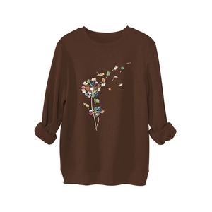 Brown sweatshirt with creative dandelion book print and ribbed cuffs on white background