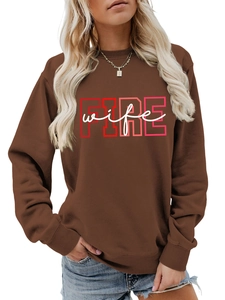 Close-up of FIRE wife text print on brown long sleeve cotton blend sweatshirt