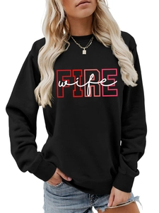 Detail of FIRE wife text print on a black crewneck long sleeve cotton sweatshirt
