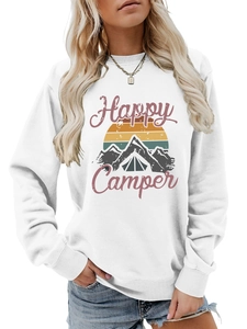 Détail de l'imprimé graphique Happy Camper sur sweat-shirt blanc à col rond manches longues