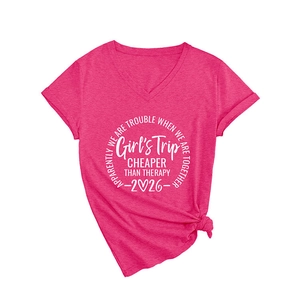 Rose red V-neck T-shirt for women featuring white Girl's Trip print and bottom knot detail