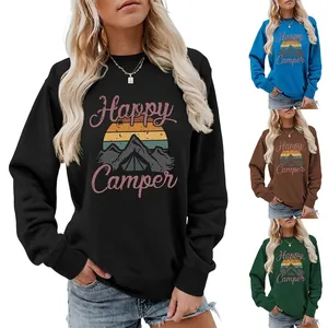 Sweat-Shirt Femmes Mélange Coton Imprimé Happy Camper Col Rond Manches Longues Décontracté Ample Style Vintage Extérieur