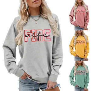 Women Crew Neck Sweatshirt Cotton Blend Long Sleeve Fire Wife Slogan Print Casual Loose Fit Pullover Fashion Top