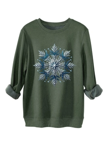 Detail van donkergroen sweatshirt met zilverblauwe sneeuwvlokprint en fleece binnenkant