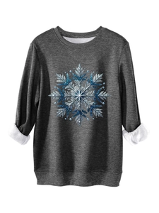 Detail van donkergrijs warm sweatshirt met blauwe sneeuwvlokprint en witte fleece voering