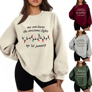 Sudadera de Felpa para Mujer con Estampado de Luces Navideñas Manga Larga Cuello Redondo Holgada Cálida Top