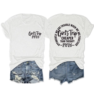 Front and back view of Girls Trip 2026 white cotton t-shirt with denim shorts set