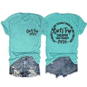 Detailed front and back view of teal cotton t-shirt with Girls Trip 2026 print