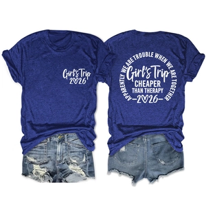 Detailed front and back view of navy blue Girls Trip 2026 cotton t-shirt and denim shorts