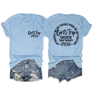 Women's 2026 Girl's Trip casual light blue t-shirt and ripped denim shorts set