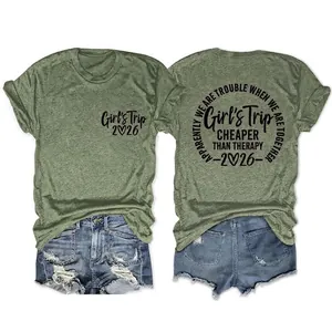 Women Casual Cotton Blend T-Shirt Girl's Trip 2026 Letter Print Crew Neck Short Sleeve Loose Fit Summer Pullover Top