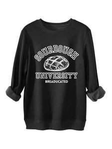 Detail of black sourdough university sweatshirt showing soft grey fleece lining and thick fabric