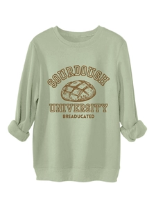 Detail of Sourdough University sweatshirt with thick sage green cotton and chest print