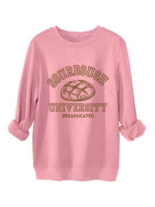 Pink sourdough university sweatshirt showing round neck and graphic print detail