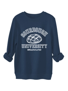 Detail of navy blue sourdough university crewneck sweatshirt with white bread graphic print