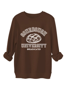 Deep brown sourdough university sweatshirt featuring breaducated white graphic print