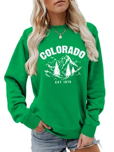 Detail of Colorado EST 1876 vintage mountain print on a green crewneck sweatshirt