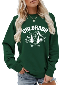 Detail of the Colorado EST 1876 vintage graphic print on dark green cotton sweatshirt