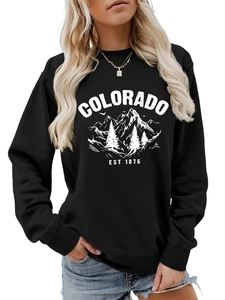 Detail of Colorado EST 1876 vintage mountain print on black crewneck sweatshirt