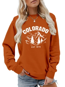 Detail of Colorado Est 1876 vintage graphic print on burnt orange sweatshirt