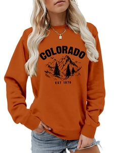 Detail of Colorado EST 1876 printed graphic on burnt orange crewneck sweatshirt