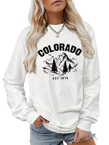 Detail of Colorado Est 1876 vintage mountain print on light grey sweatshirt