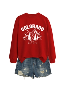 Detail of red Colorado sweatshirt and ripped denim shorts in American casual style