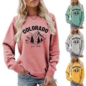Women Crewneck Sweatshirt Retro Mountain Graphic Print Casual Loose Long Sleeve Pullover Autumn Winter Fashion Tops