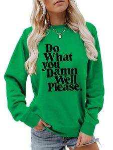 Detail of Kelly green crewneck sweatshirt featuring black letter print on soft cotton fabric