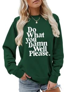 Detail of white letter print on a dark green crewneck sweatshirt for women